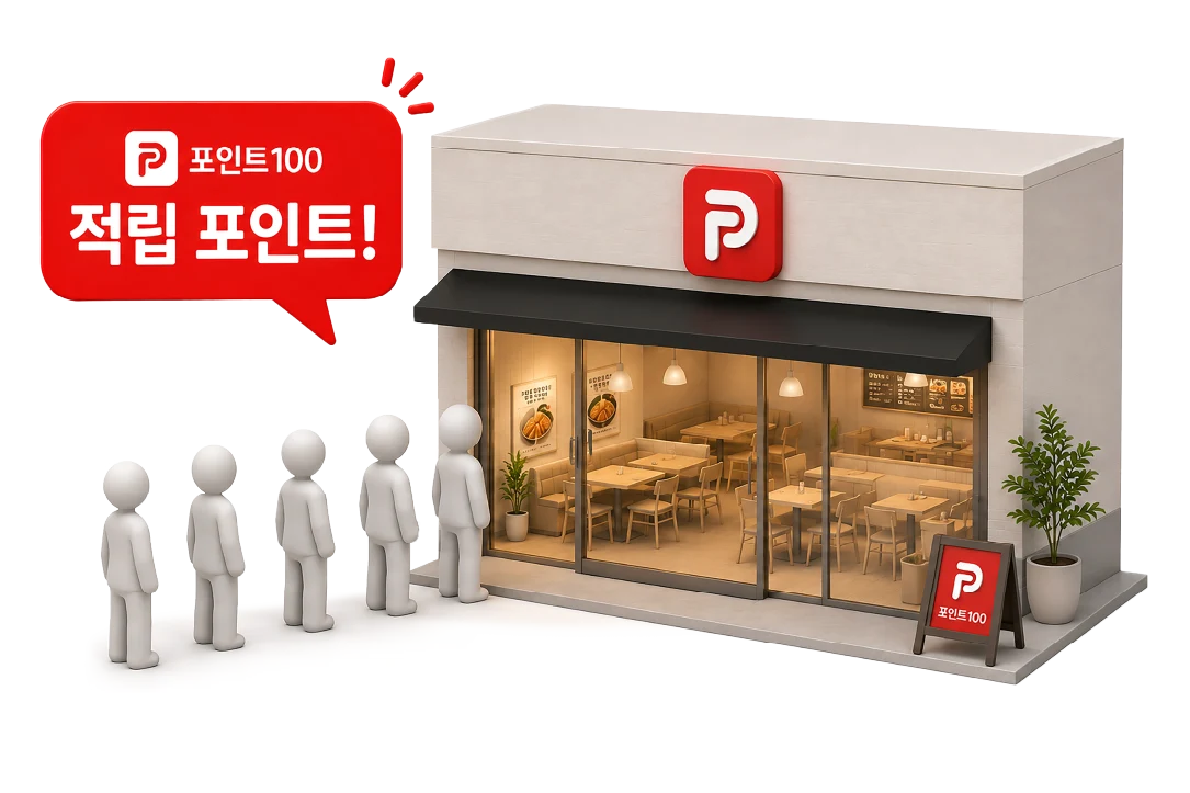 포인트100 적립 포인트 안내가 걸린 매장에 줄 선 고객들