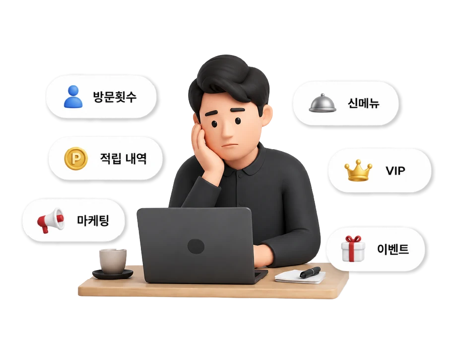 방문횟수·적립 내역·신메뉴·VIP·마케팅·이벤트를 혼자 챙기며 고민하는 점주